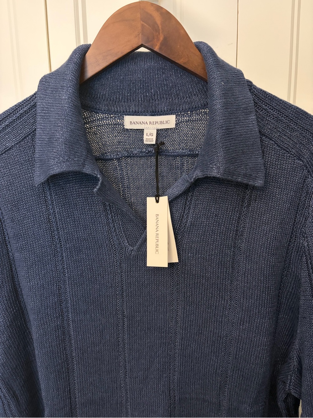 Banana Republic 100% Linen Ribbed Blue Knit Polo Sweater